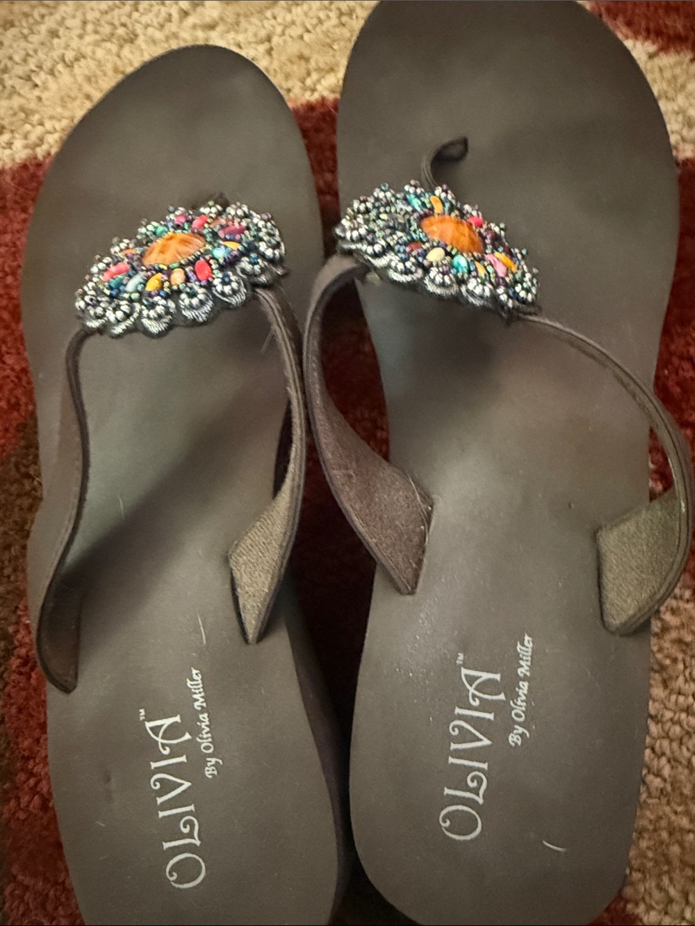 Brown Embellished Thong Sandals in Brown